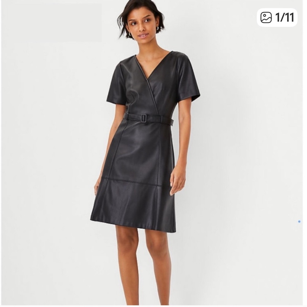 Ann Taylor Black Faux Leather belted flared Dress. Size 4P